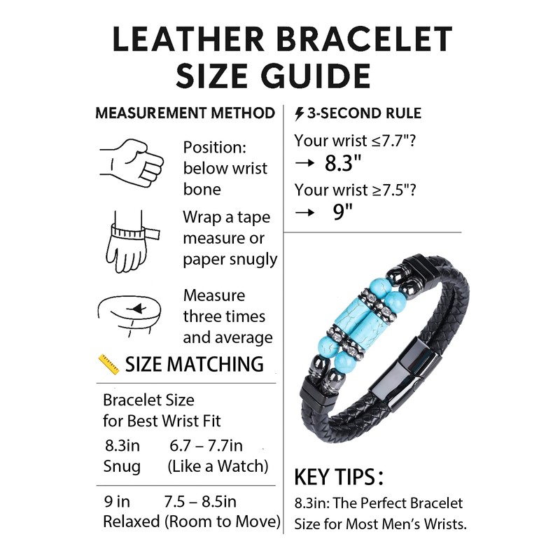 Mens Leather Turquoise Stone Bracelet–8.3" Braided Multi‑Layer Stainless Steel Clasp