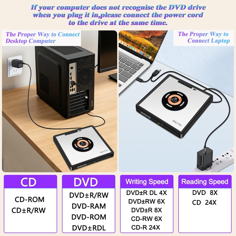 NOLYTH External CD Drive for Laptop: with 15W Wireless Charger