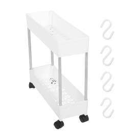 Housoutil Slim Rolling Storage Cart Mobile Shelving Unit Organizer 2 Tier Trolley Rack Rolling Utility Cart for Office Kitchen Bedroom Bathroom Laundry Room Hair Salon