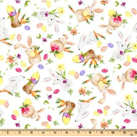 P&B Textiles Hoppy Easter Tossed Bunnies White Fabric HEAS 4968 W Half Yard Continuous Cuts