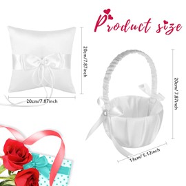 Lebsitey 2 Flower Girl Baskets and Ring Bearer Pillow Set, White Satin Bowknot Flower Baskets Pearl Collection Flower Girl Baskets and Ring Pillow for Weddings