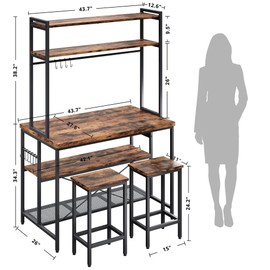 IRONCK Kitchen Island with 2 Stools, Bakers Rack with Power Outlet, Large Kitchen Island Table with Shelves, Coffee Bar Table Set for Kitchen Dining Room, 10 Hooks