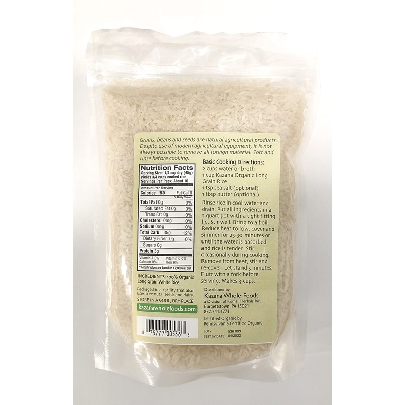 Kazana Long Grain White Rice, 100% USDA Organic, 16oz (453g)