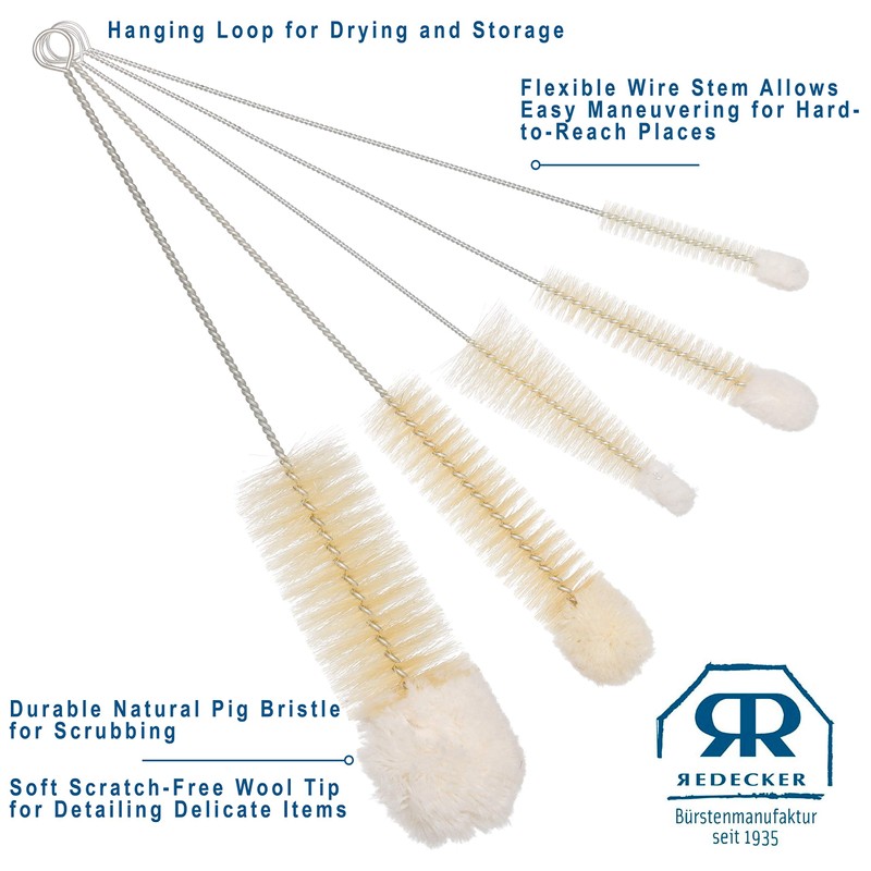 REDECKER Wool Tip Bottle Cleaning Brush Set with Pig Hair