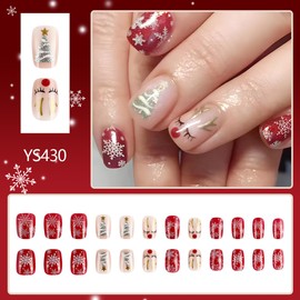 24 Pcs Christmas Press on Nails Short Square Fake Nails Snowflake Xmas Tree Cute Elk Design Full Cover Nude Acrylic False Nails Xmas Artificial on Nails Holiday Nail Art Accessories for Women
