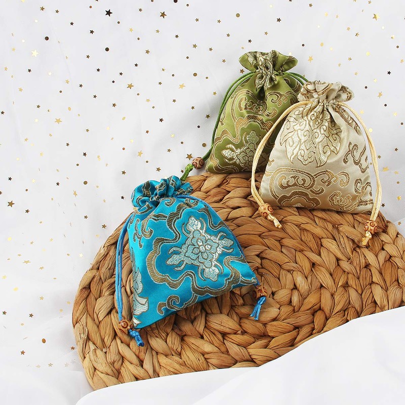 kilofly 14 pc Silk Brocade Jewelry Bag Double Layer Drawstring