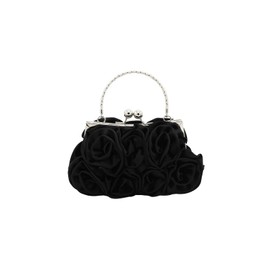 CORIOS Women's Elegant Evening Bag Flowers Clutch Bag Handbag with Chain Kiss Lock Mini Rose Shoulder Bag Satin Shoulder Bag for Wedding Banquet Party Prom, black