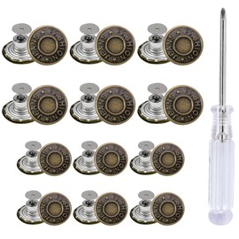vibedor 12 Sets Jeans Buttons Replacement, 17mm&20mm Adjustable No Sew Removable Metal Pants Buttons for Loose Jeans with Screwdrivers