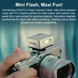 Godox iT20 Mini Camera Flash - 45g Ultra-Compact with TTL, 700+ Flashes, Magnetic Modifiers & USB-C for Sony Cameras, Black