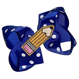 Pencil Blue Polka Dot Boutique Hair Bow 4" with Tails