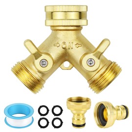 2 Way Brass Garden Tap Splitter, Outside Tap Splitter, Double Way 3/4'' Garden Hose Splitter with 2 Quick Connector, Individually Controllable Valves, for Outdoor & Garden Irrigation