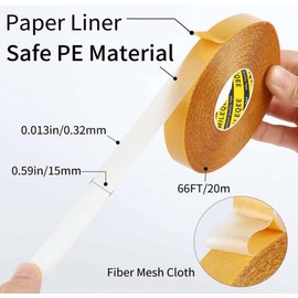 MILEQEE Double Sided Tape Heavy Duty, 0.59" x 66FT, Universal High Tack Strong Wall Adhesive with Fiberglass Mesh, Super Sticky Resistente Clear Tape, Easy Use Mounting Tape for School Office Home