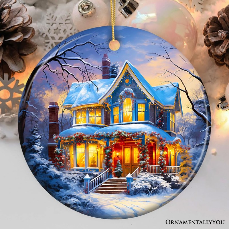 Glowing Winter Night Painting Ceramic Ornament, Warm and Inviting Christmas