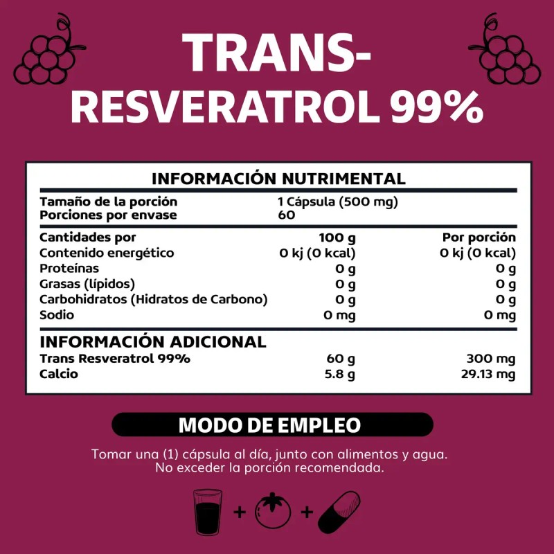 Trans Resveratrol Capsulas Calcio Alta Concentración Puro Blanco Cápsulas Veganas