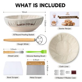 Banneton Bread Proofing Basket,10" Round Natural Rattan Bread Proofing Basket,Professional Bread Making Kit Tools&Sourdough Proofing Basket,Sourdough Bread Baking Supplies Gift Set (10 inches)