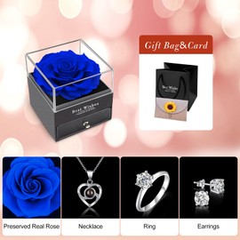 Heyolo Preserved Red Real Rose with I Love You Necklace, Earrings, Zirconia Ring Gifts Set, Eternal Flowers Rose Birthday Gifts for Women Girlfriend Mom Wife on Anniversary Wedding Valentines Day,Blue