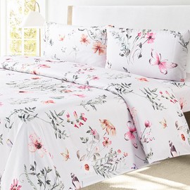 Bloom Studio King Size Sheets 4 Piece Floral Printed Brushed Sheets 15”Deep Pocket Soft 100% Microfiber Bedsheet White Background Flower Pattern Luxury Bedding Sheet Set,Easy Care, Wrinkle Free