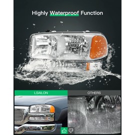 LSAILON Headlight Assembly Fit For GMC Sierra 1500 1999-2006 For GMC Sierra 1500 Classic 2007 For GMC Sierra 1500 HD 2001-2003 Chrome Housing Amber Reflector Clear lens Driver and Passenger Side