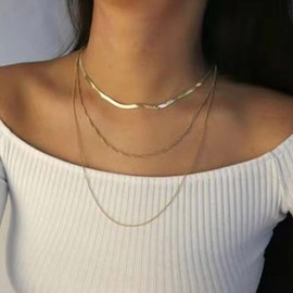 Aneneiceera Boho Layered Necklace Snake Chain Necklace Gold Beads Chain Necklace Fashion Herringbone Choker Necklace Multilayer Statement Snake Necklace Jewellery for Women and Girls, Metal Material,