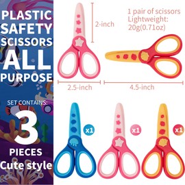 Toddler Safety Craft Scissors, 4.5-inch Pre-School Blunt Tip Plastic Training for Kids Ages 2-8, 3-Pack with 3 Colors - Art Craft Classroom Supplies