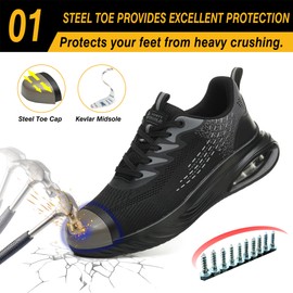 AONETIGER Steel Toe Work Sneakers Industrial Construction Shoes Anti-Puncture Anti-Smash Lightweight Cushion Shock Absorption Safety Work Shoes Black45