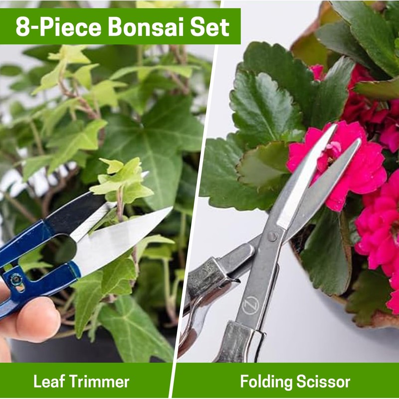 Bonsai Set 8 Pcs - Include Pruner,Fold Scissors,Mini Rake,Bud &