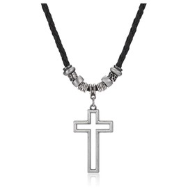 Jovivi Cross Chain Men's Necklace with Stainless Steel Cross Pendant Cross Chain Religious Prayer Cross Pendant Black 3 mm Adjustable Leather Chain Amulet Jewellery Spiritual Gift for Men Women