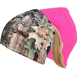 EDTREK Womens Performance Reversible Ponytail Beanie - Windproof Fleece Winter Hat for Hiking Hunting Fishing(Blaze Pink-in Deep camo)