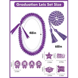 ZenNex 2026 Graduation Lei, 4-Braided Ribbon Lei with Honor Cord and 8 GRAD Patches for High School College Graduation DIY Decors (Purple white)