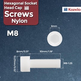 Kozelo 20pcs Socket Head Cap Screws - [M8-1.25 x 30mm] Nylon Hexagon Socket Head Cap Screw Plastic Allen Bolts for Device Fixing Mould Manufacturing Use, White
