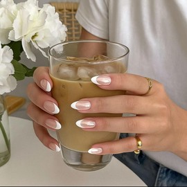 24PCS Iridescent Milky White Short Almond French Press on Nails, False Nails with Accessory Tools and 12 Sizes for Women Art Accessories Reusable Stick on Set (Pearl French Tips)