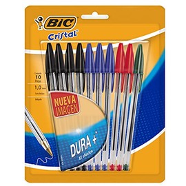 BIC, Bolígrafo de Punto Mediano, Pluma Clásica, Cristal Dura +, Surtido de 4 Colores, 10 piezas