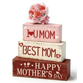 HABDJILTY 4 Pcs Happy Mother’s Day Wooden Table Decorations Best Mom Centerpieces Table Love Mom Decor Home Party Supplies Decor