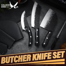 Golden Bird Butcher Knife Set - 4pcs Hand Forged Meat Cleaver Knife & Serbian Chef Knives & Sharp Viking Knives for Meat Cutting, Camping, BBQ, Men's Birthday Gift
