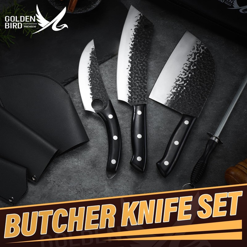 Golden Bird Butcher Knife Set - 4pcs Hand Forged Meat