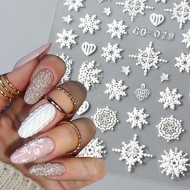 12Sheets White Snowflakes Nail Sticker Set - Christmas Nail Decals 3D Snowflake Christmas Tree Snowman Cartoon Nail Design Xmas Winter Nail Art Supplies Snow Sticker for Nails DIY New Year Decorations