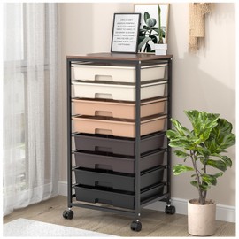 SYKIARIOL Rolling Storage Cart with Drawers,Utility Cart with 8 Drawers and Wooden Tabletop,Rolling Drawer Cart,Storage Drawer Cart for Living Room,Classroom,Bedroom,Bathroom,Dorm,Office,Dark Brown