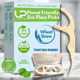 LivingPro Plant Based Naturally Mint Infused Floss Picks(220pcs) with Travel Case | Biodeg