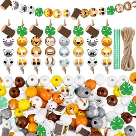 GlikCeil 242 Pcs Cute Jungle Animals Wood Beads Animal Print Beads with Tiger Monkey Lion Giraffe Elephant Zebra Print Pattern Spacer Loose Beads Wildlife Craft Jewelry Making for DIY Home Party Decor
