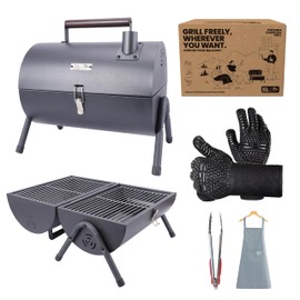 The Grill & Griddle BBQ Set for Camping & Tailgating – Compact Charcoal Grill + Premium Apron & Tongs – Lid Adds Smoky Flavor for Home or Balcony