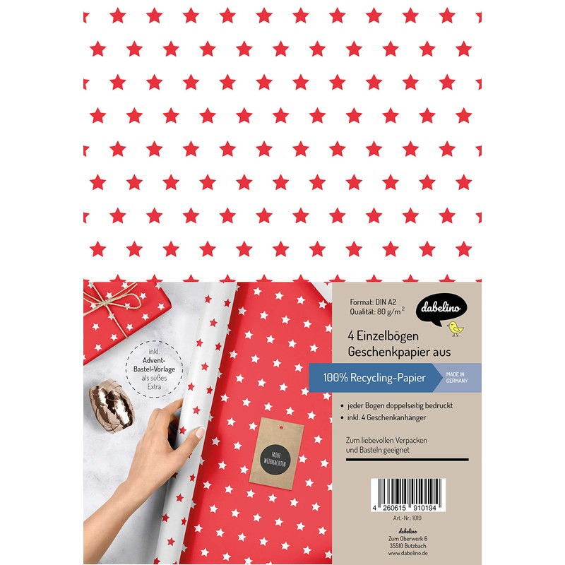dabelino® Wrapping Paper Set Stars (Red/White): 4x Sheets + 4x