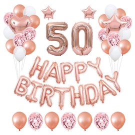 50th Rose Gold Birthday Party Decorations Pack 48PCS Banner Happy Birthday Decorations for Girls Women Party Supplies Happy Birthday Star Heart Rose Gold Foil Balloons Latex Balloons