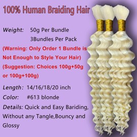 Eileen 613 Blonde Human Braiding Hair 20 Inch 150g 3 Bundles Deep Wave Bulk Human Hair for Braiding Curly Human Hair for Boho Braids Water Wet and Wavy Curls Micro