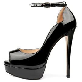 MERUMOTE Women's Peep Toe Platforms High Heels Dress Party Pumps 6 inch Heels Black Pearl 7.5US