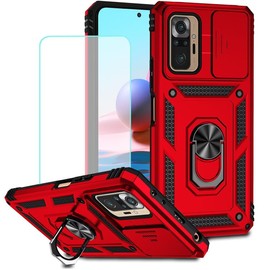 Vokuha Case for Redmi Note 10 Pro 4G/Redmi Note 10 Pro Max M2101K6G with Tempered Glass Screen Protector and Slide Camera Cover, 360° Rotate Ring Stand Magnetic Cover for Xiaomi Redmi Note 10 Pro Red