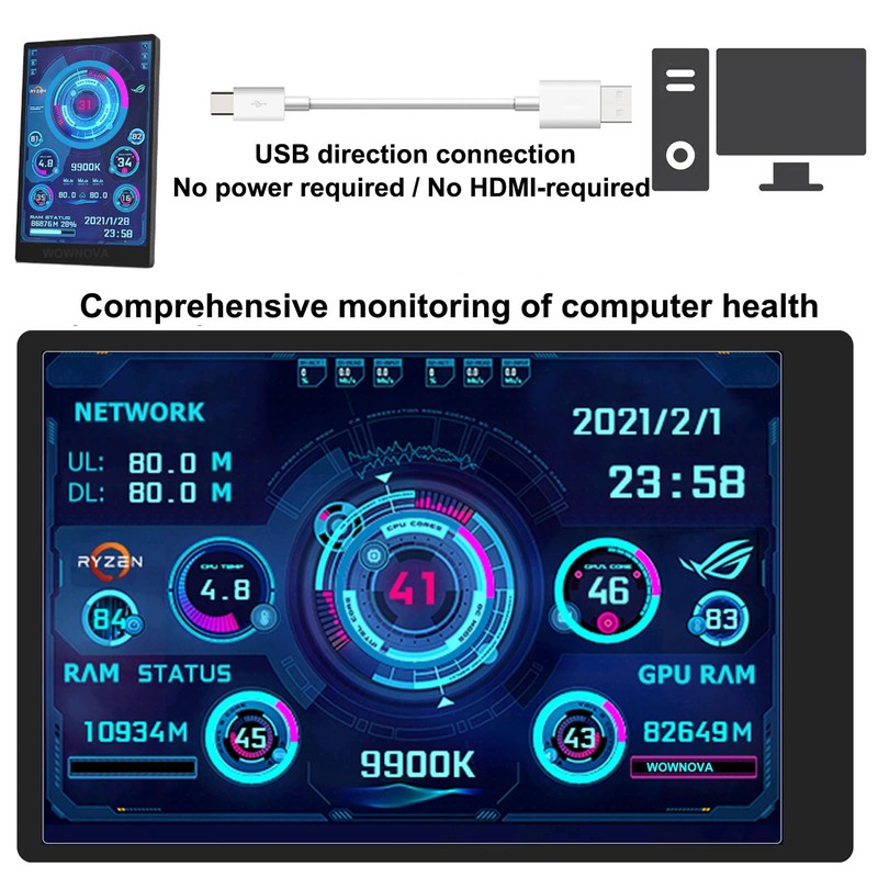 WOWNOVA English Version Computer Temp Monitor, ARGB PC Case Display,
