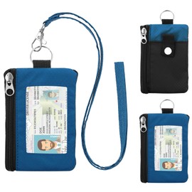 ZHOMA Minimalist RFID Wallet with Lanyard, Multi-Functional ID Case with 2 Zipper Pockets and Key Chain for Men and Women, Tactical Badge Pouch Cards Holder, Coin Purse for Travel Sports-Black+Blue