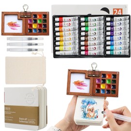 lafo Mini Watercolour Travel Set, Sketchbook Palette Set, 15 Grids, Portable Wooden Painting Palette, Painting Box, with Watercolour Paper Journal, 24 Colours, 3 Watercolour Brushes, 1 Cotton Storage