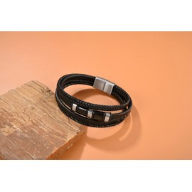 PiercingJak Men's Bracelet Men's Leather Bracelet Braided Black Genuine Leather Wrap Stainless Steel Beads Charm Jewellery Father's Day Gifts for Man Dad, 22 cm