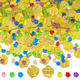 200Pcs Pirate Treasure Set, 100Pcs Plastic Pirate Gold Coins and 100Pcs Pirate Jewelry for Adventure Themed Party Decorations,Colorful Fake Gemstones for Kids Treasure Hunt